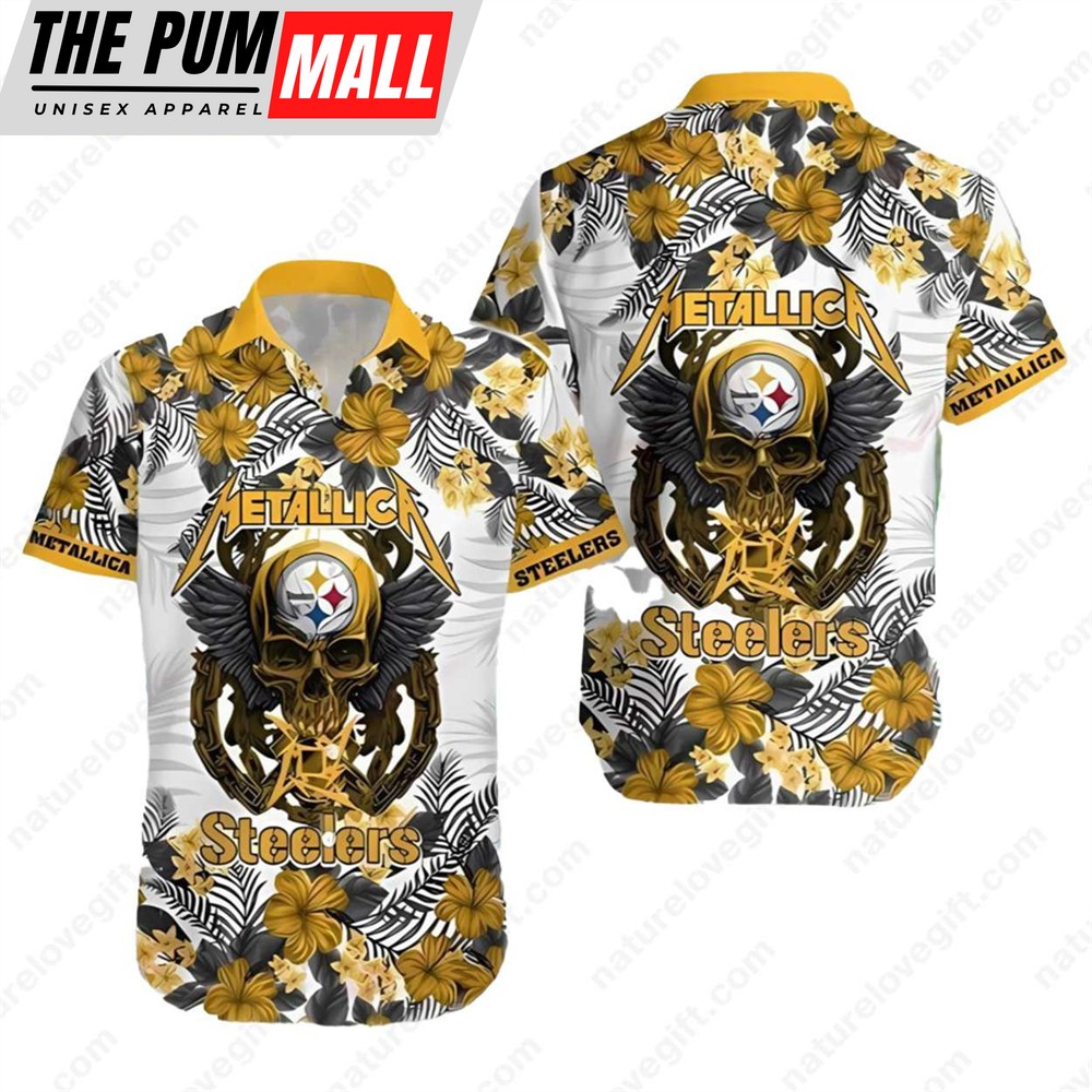 Skull Metallica Pittsburgh Steelers Tropical Floral Hibiscus Hawaiian Shirt