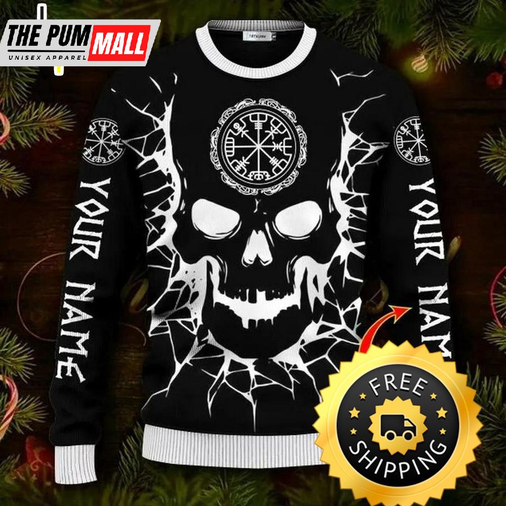 Skull Vegvisir Back And White Viking Custom Ugly Christmas Sweater, Viking Ugly Sweater