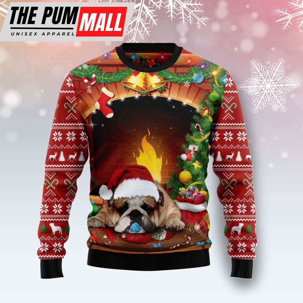 Sleeping Bulldog Christmas Ugly Sweater – Festive Holiday Apparel for Dog Lovers