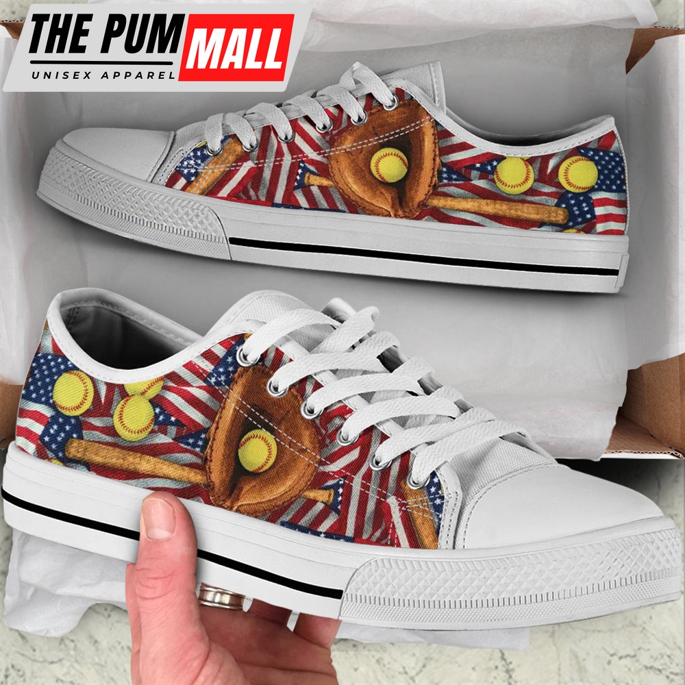 Softball American Usa Flag Pattern Low Top Shoes – Canvas Print Lowtop Casual Shoes Gift For Adults