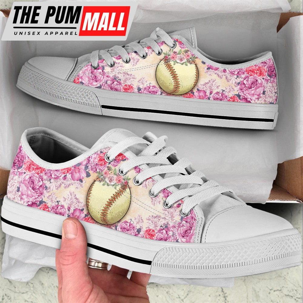 Softball And Rose Flower Low Top Shoes – Canvas Print Lowtop Casual Shoes Gift For Adults – Sneaker For Walking
