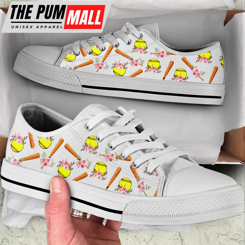 Softball Flower Draw Vintage Low Top Shoes – Fashionable Casual Shoes Gift For Adults