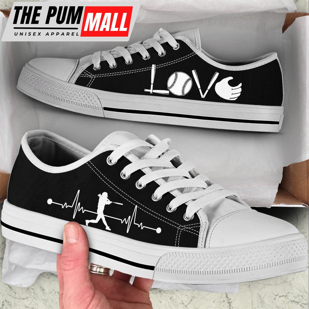 Softball Love Heartbeat Black Low Top Shoes – Fashionable Casual Shoes Gift For Adults