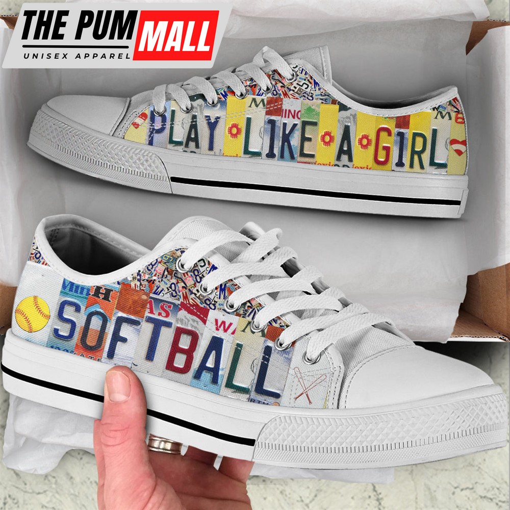 Softball Play Like A Girl License Plates Low Top Shoes – Canvas Print Lowtop Trendy Fashion Casual Shoes Gift For Adults