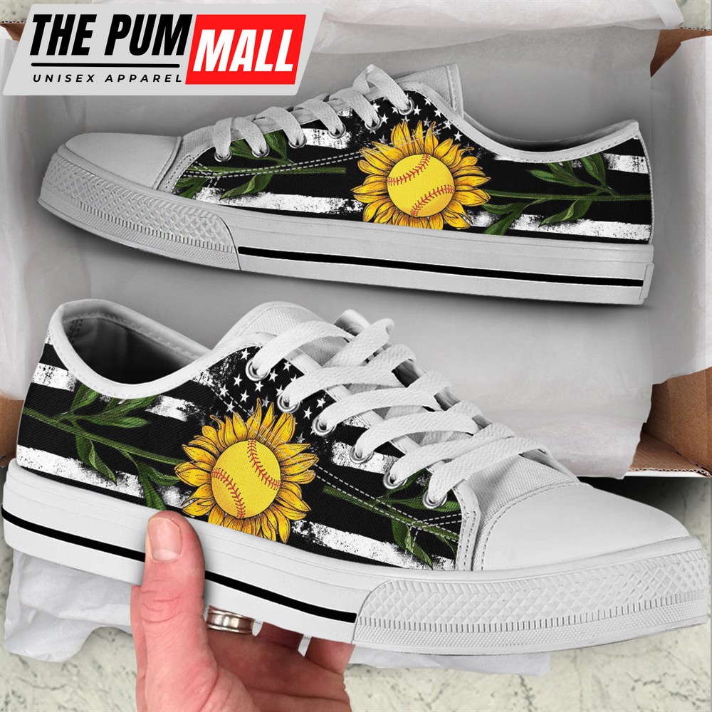Softball Usa Flag Sunflower Low Top Shoes – Fashionable Casual Shoes Gift For Adults