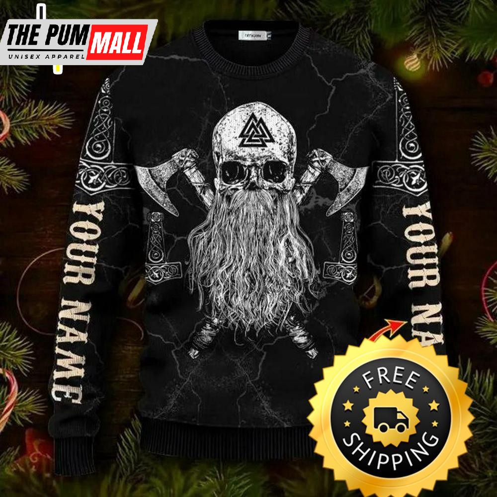 Sons Of Odin Valhalla Custom Name Viking Ugly Christmas Sweater, Viking ugly sweater