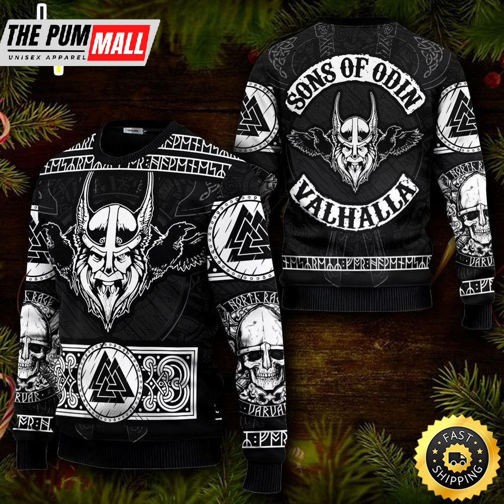 Sons Of Odin Valhalla Skull Viking Ugly Skull Sweater Christmas