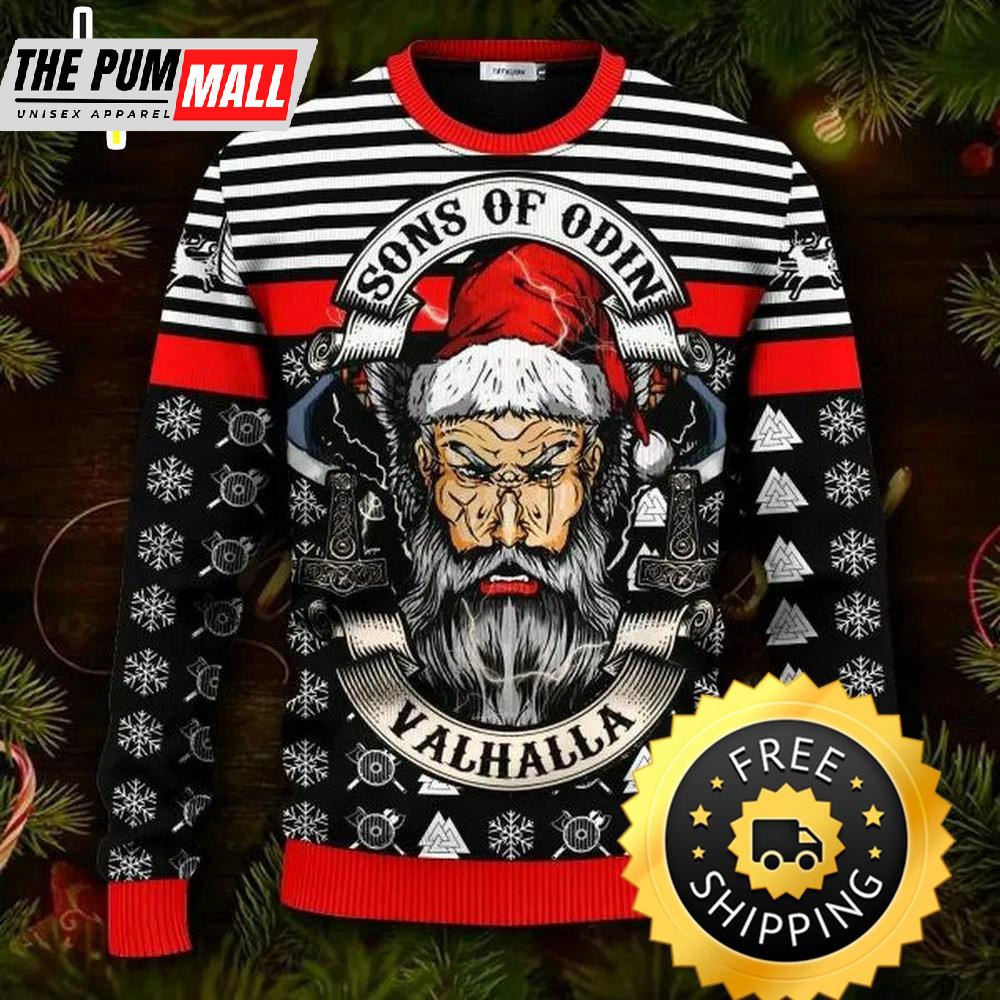 Sons Of Odin Valhalla Viking Ugly Christmas Sweater, Viking Ugly Sweater
