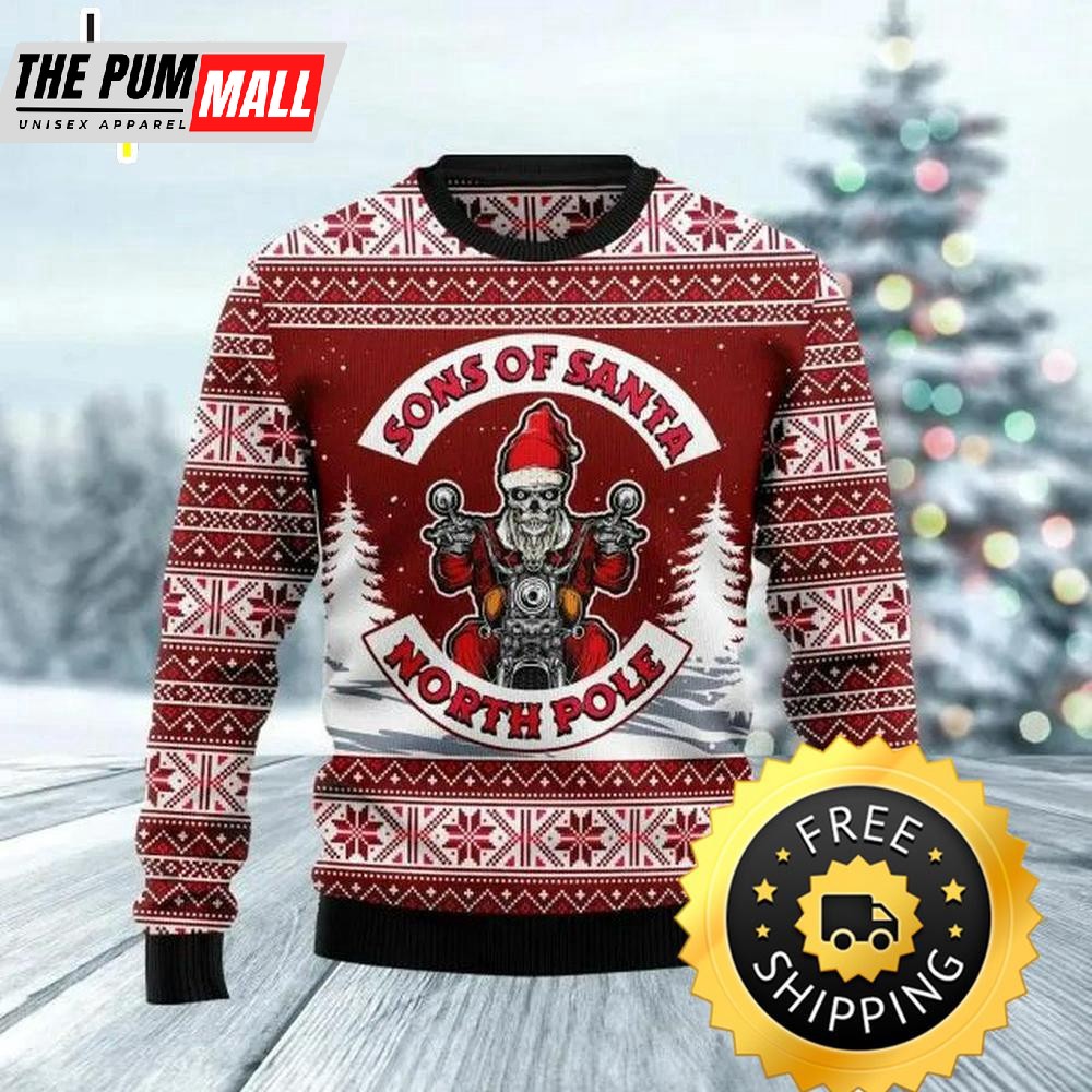Sons Of Santa North Pole Skull Ugly Christmas Sweater, Christmas Sweater With Skulls, Skull Ugly Sweater