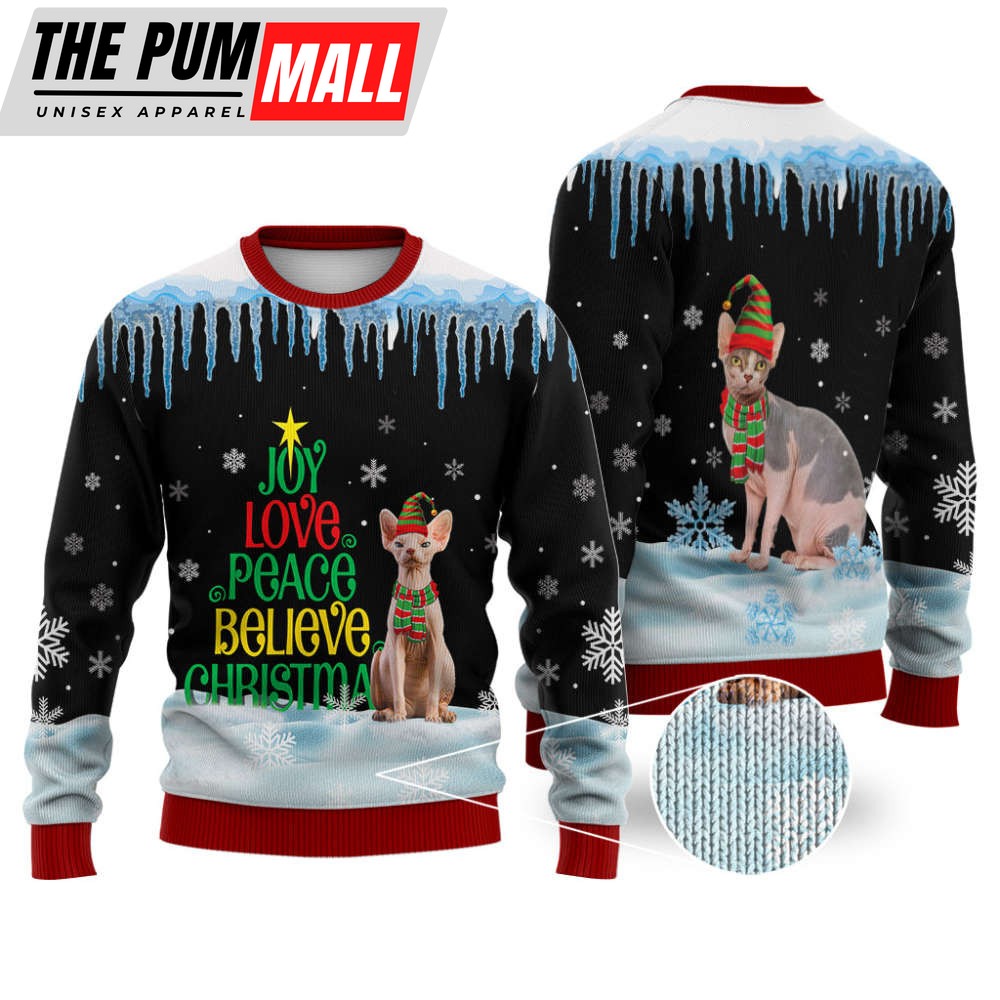 Sphynx Cat Joy Love Peace Believe Christmas Ugly Sweater Gift For Pet Lover