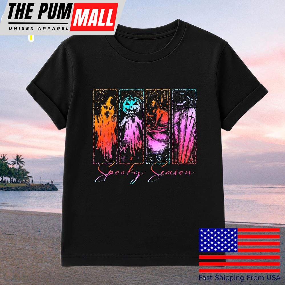 Spooky Season Retro Horror Ghost Pumpkin Cat Coffin T-Shirt