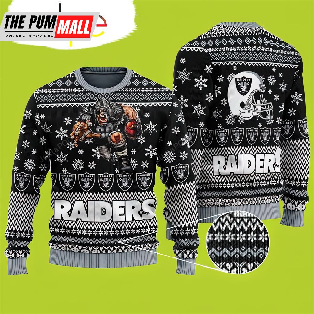 Sports Football Team Las Vegas Raiders, Player With Ball And Helmet Raiders Christmas Sweater