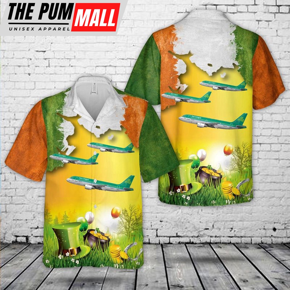 St. Patrick’s Day, Aer Lingus St Davnet Airbus A319-111 EI-EPR Hawaiian Shirt, Shamrock Hawaiian Shirt