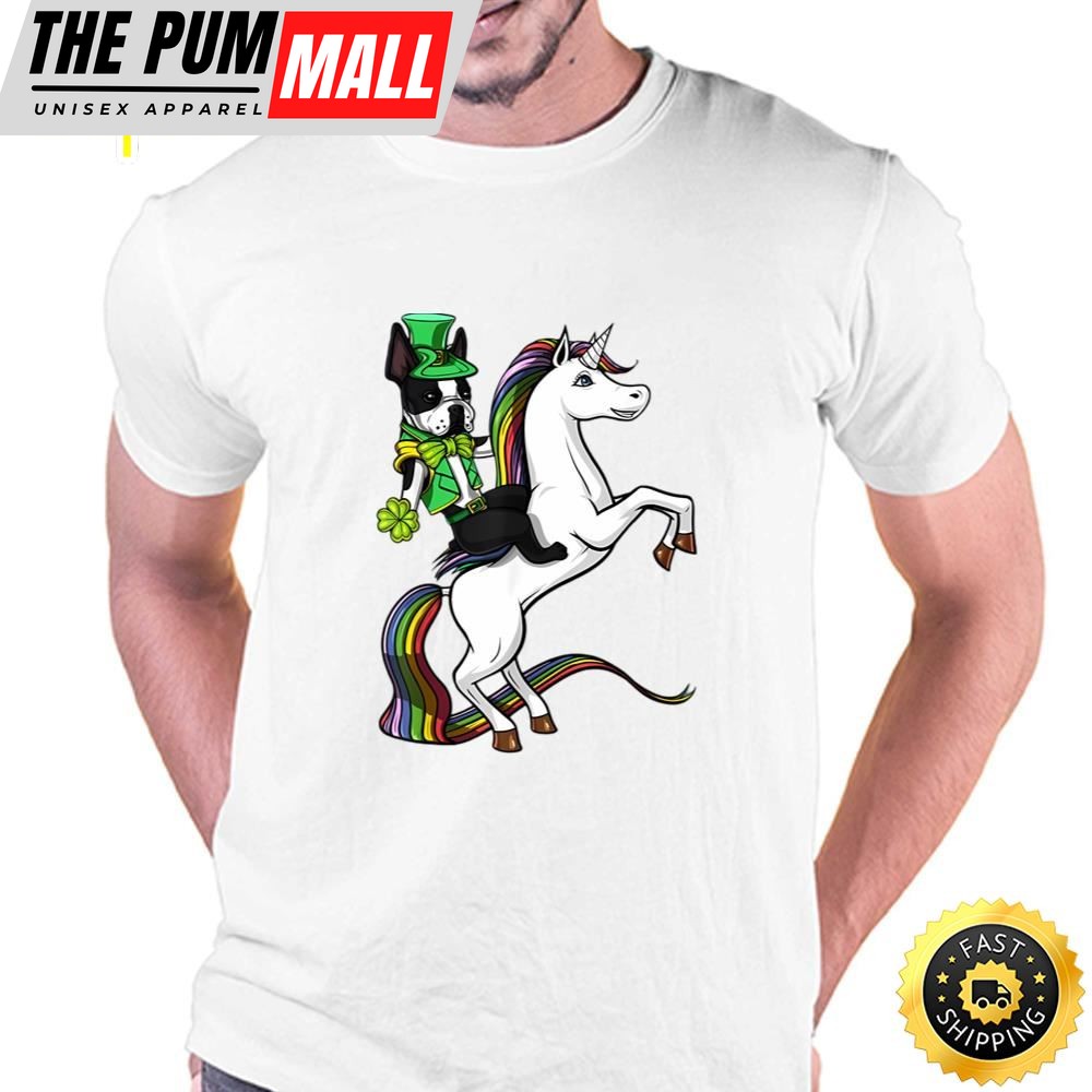 St Patricks Day Boston Terrier Dog Riding Unicorn T-Shirt