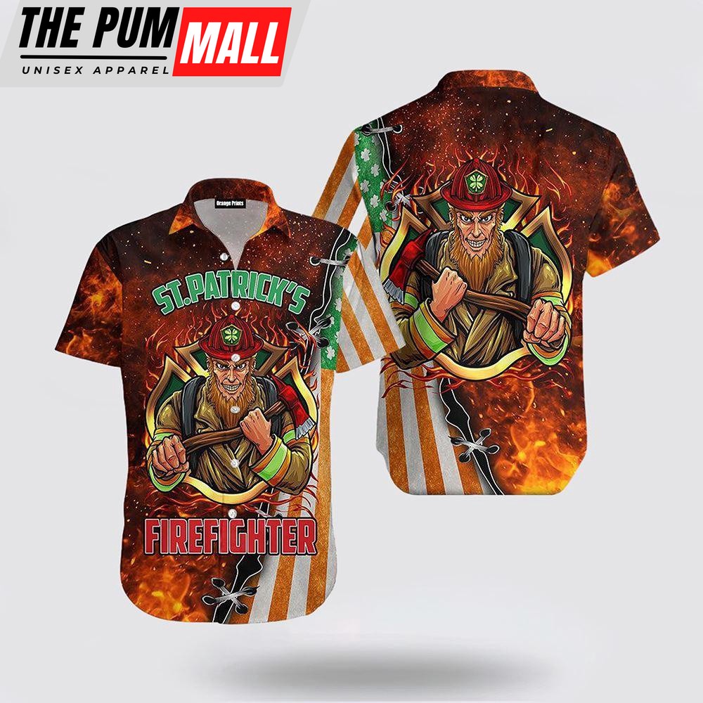 St PatrickS Day Firefighter Hawaiian Shirt, St Patricks Day Shirts, Shamrock Hawaiian Shirt