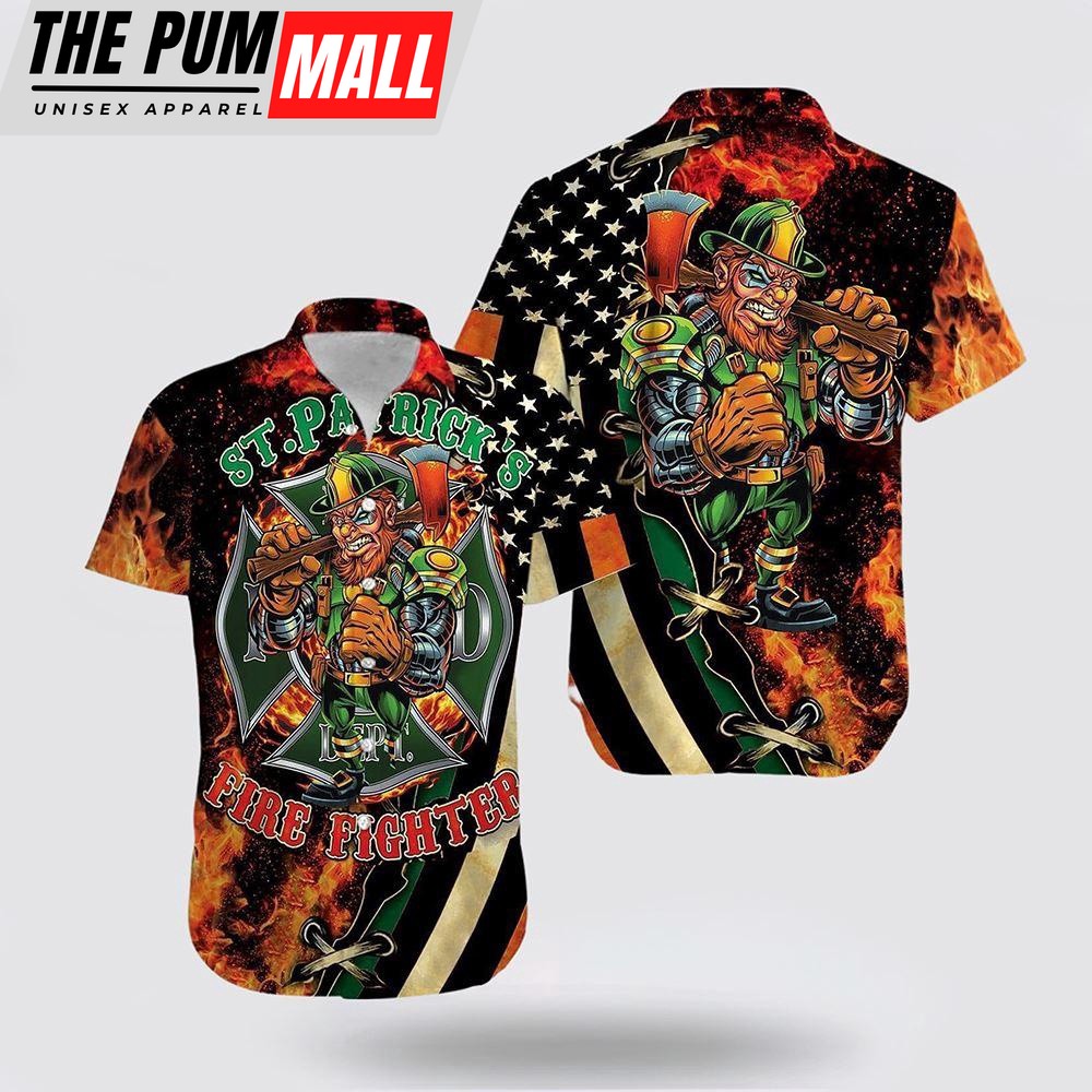 St Patrick’s Day Firefighter Unisex Hawaiian Shirt, St Patricks Day Shirts, Shamrock Hawaiian Shirt