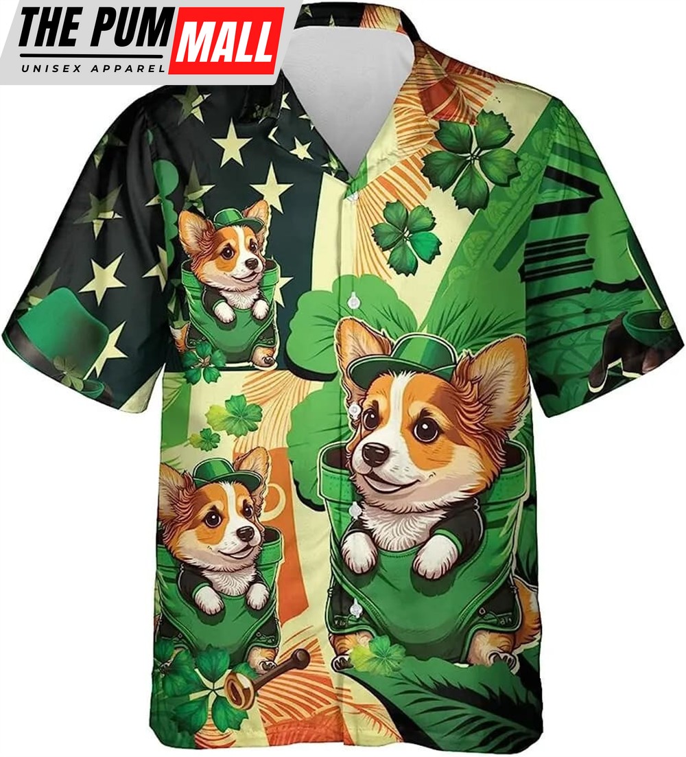 St Patricks Day Hawaiian Shirt, Baby Corgi Patrick Hawaiian Shirt For Men, Patrick Dog Shirt, Button Vintage Aloha Hawaii Shirt