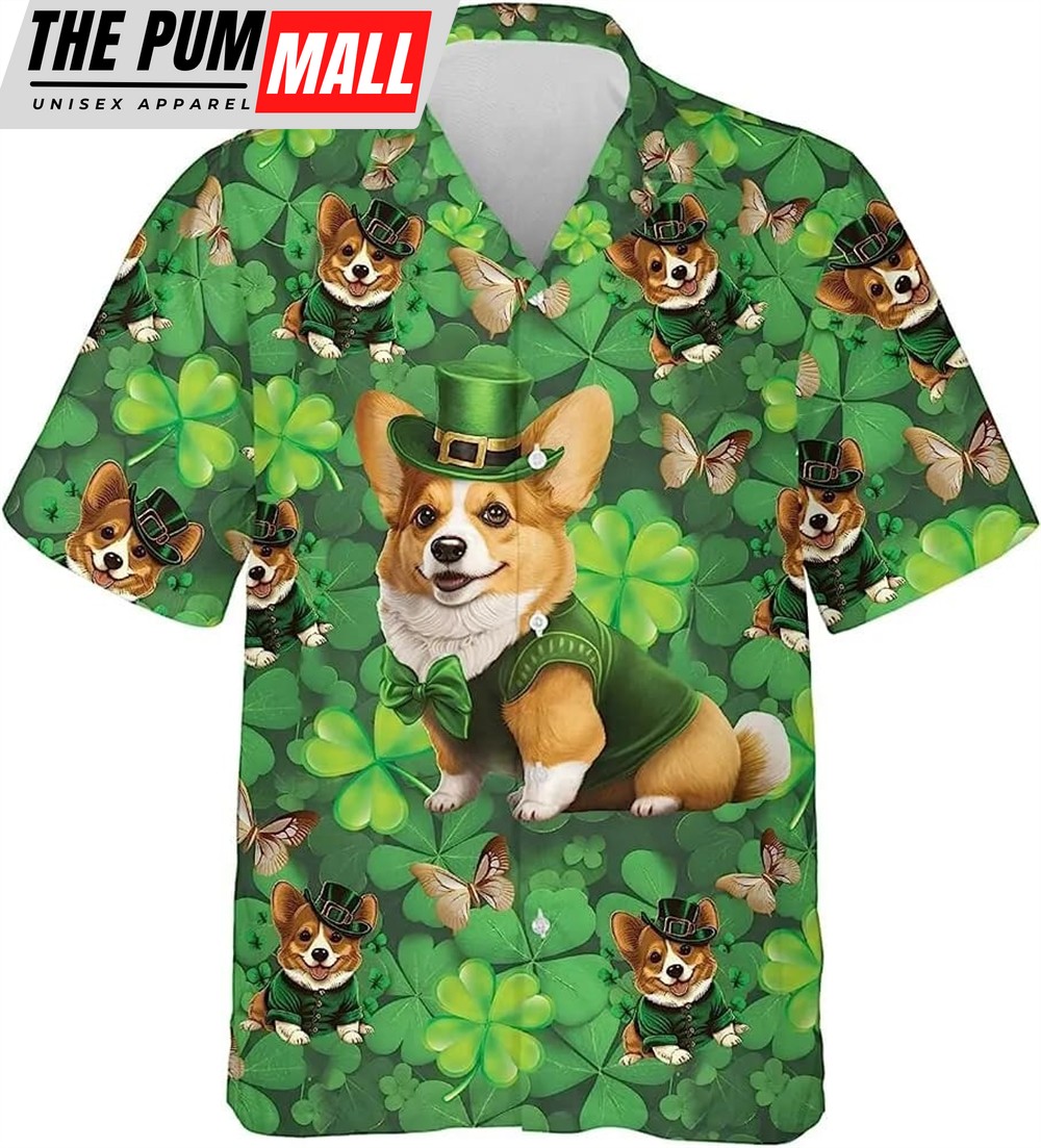 St Patricks Day Hawaiian Shirt, Corgi Dog Patrick Day Button Down Hawaiian Shirt, Corgi Dog Shirt, St. Patrick’s Day Shirt