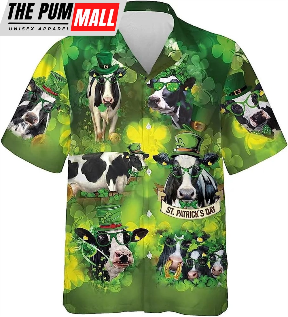 St Patricks Day Hawaiian Shirt, Dairy Cow Happy St. Patrick’s Day Aloha Shirt, Patrick Cow Hawaiian Shirt