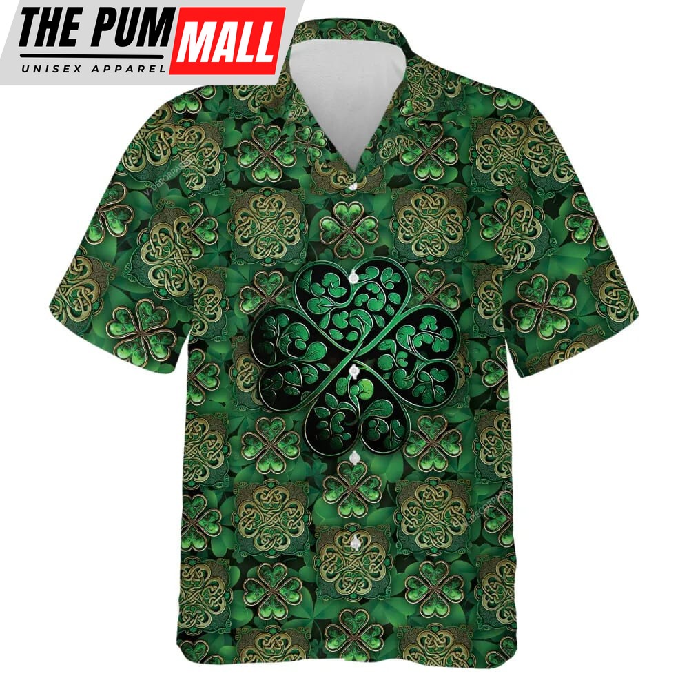 St Patricks Day Hawaiian Shirt, Four-leaf Clover Hawaiian Shirts For Men, Shamrock Pattern Men’s Hawaiian Button Down Shirt