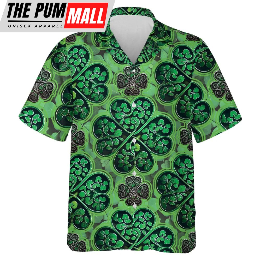 St Patricks Day Hawaiian Shirt, Four-leaf Clover Printed Hawaiian Shirts For Men, Lucky Shamrock Leaves Pattern Men’s Hawaiian Button Down Shirt