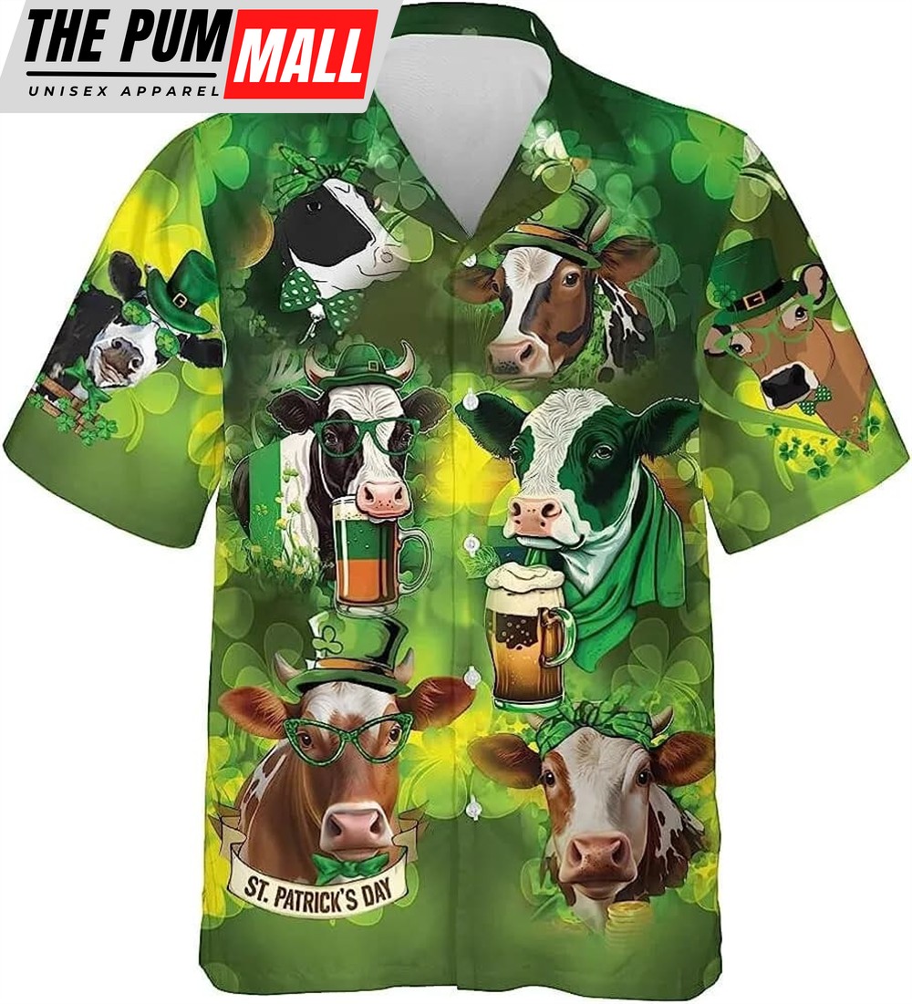 St Patricks Day Hawaiian Shirt, Funny Patrick Cow Drinking Beer Hawaiian Shirt, St. Patrick’s Day Shirt