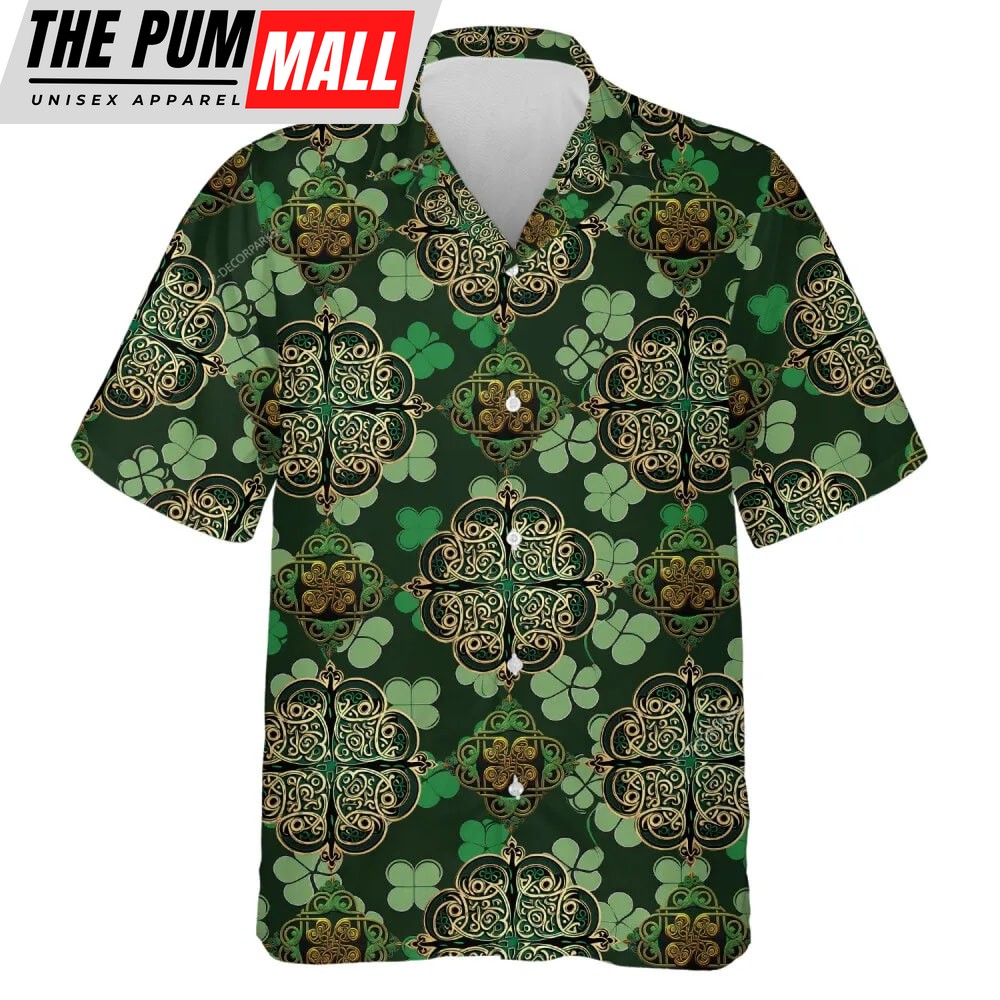 St Patricks Day Hawaiian Shirt, Golden Four-leaf Clover Printed Unisex Hawaiian Shirts