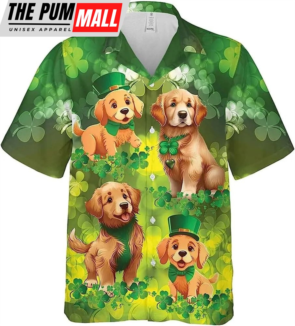 St Patricks Day Hawaiian Shirt, Golden Retriever Dog And Shamrock Hawaiian Shirt, Patrick Day Casual Printed Beach Summer Shirt