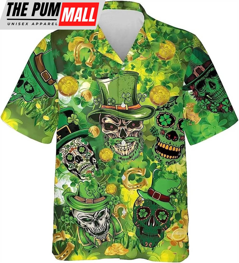 St Patricks Day Hawaiian Shirt, Green Skulls And Clover Pattern Hawaiian Shirt, St. Patrick’s Day Shirt