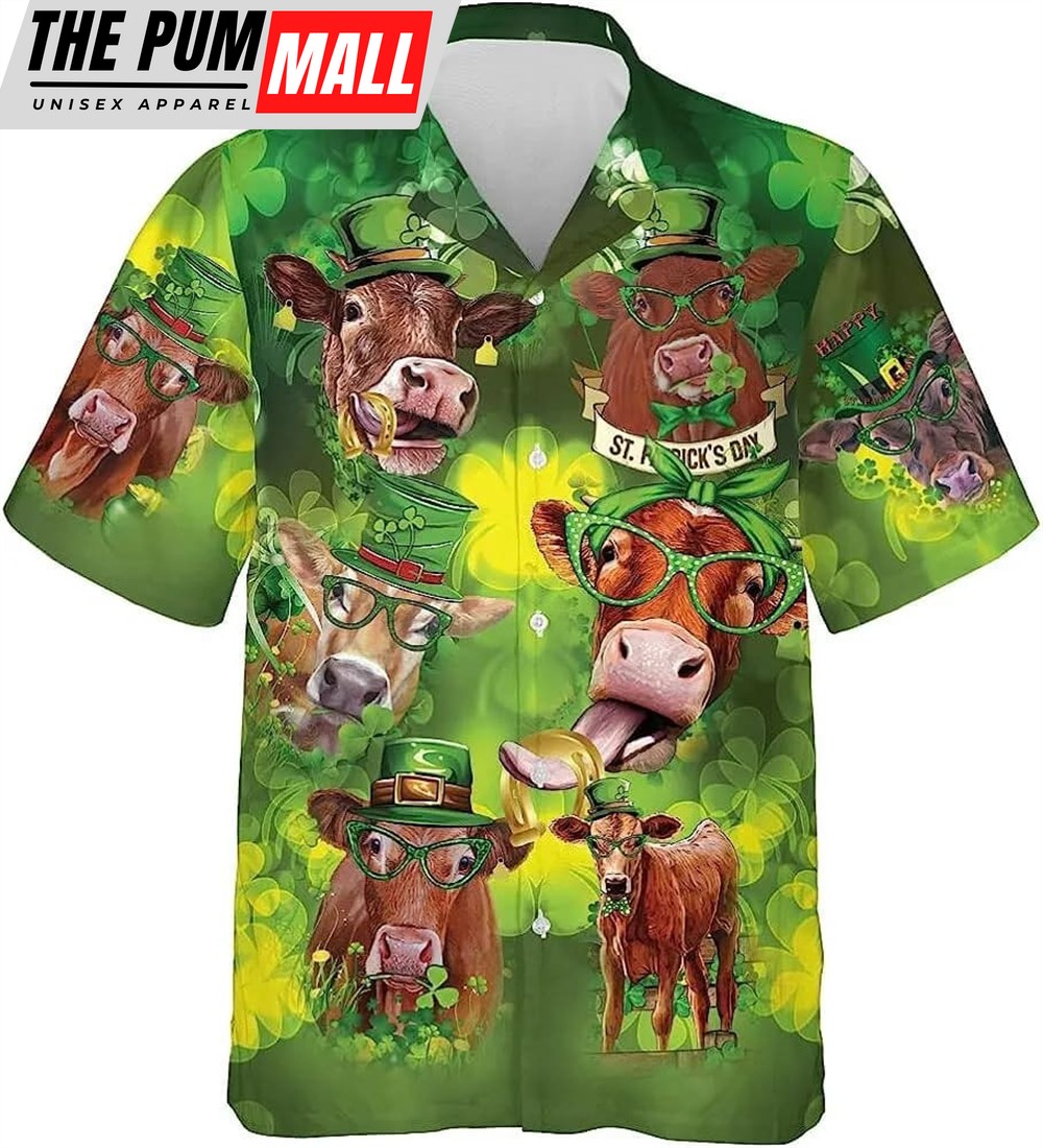 St Patricks Day Hawaiian Shirt, Happy Patrick Cow Short Sleeve Hawaiian Shirt, Casual Button Down Summer Beach Shirt