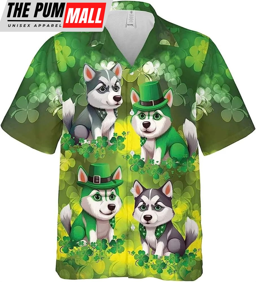 St Patricks Day Hawaiian Shirt, Husky Dog Patrick Day Shirt, Dog Hawaiian Shirt, St. Patrick’s Day Shirt