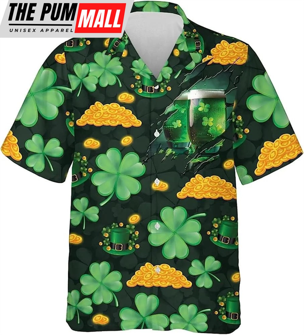 St Patricks Day Hawaiian Shirt, Irish Shamrock Coins Hawaiian Shirt For Men Women, St. Patrick’s Day Shirt