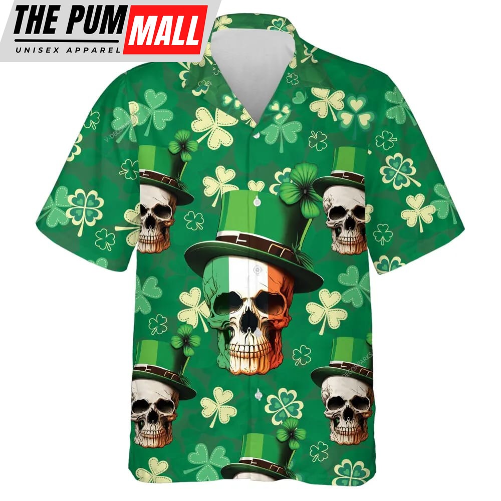 St Patricks Day Hawaiian Shirt, Irish Skull And Shamrock Unique Hawaiian Shirt