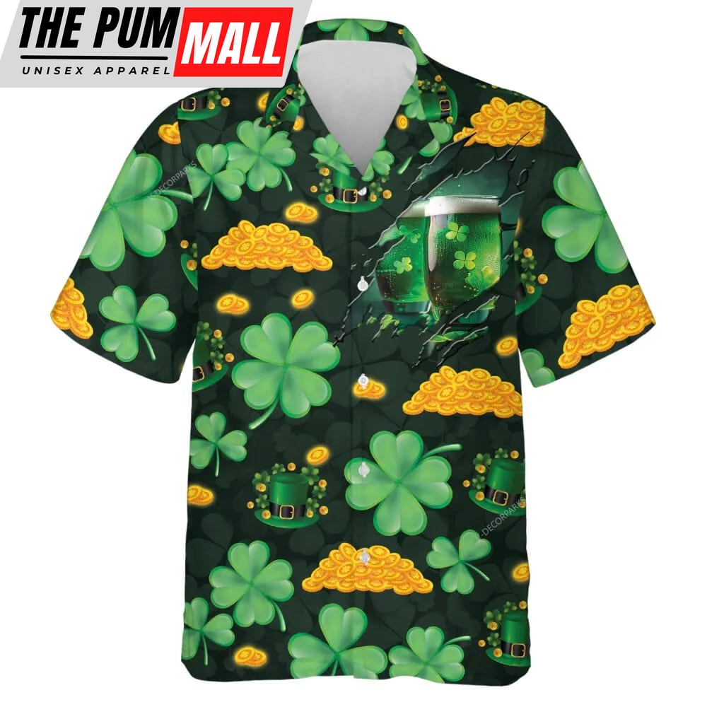 St Patricks Day Hawaiian Shirt, Leprechaun Beer For Saint Patrick Unisex Hawaiian Shirts, Holy Four-leaf Clover Pattern Men’s Hawaiian Shirts