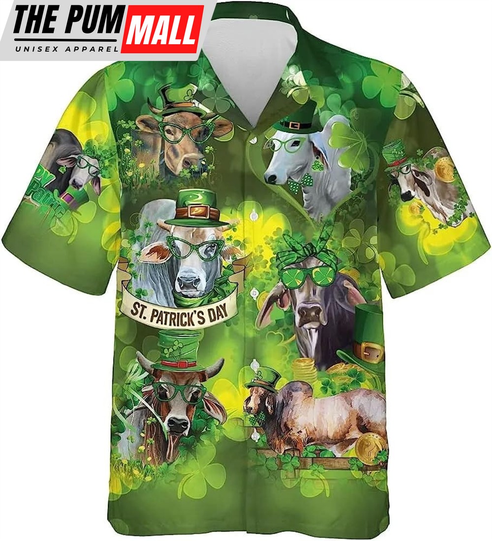 St Patricks Day Hawaiian Shirt, Patrick Cow And Shamrock Hawaiian Aloha Shirt, Casual Printed Beach Summer Shirt