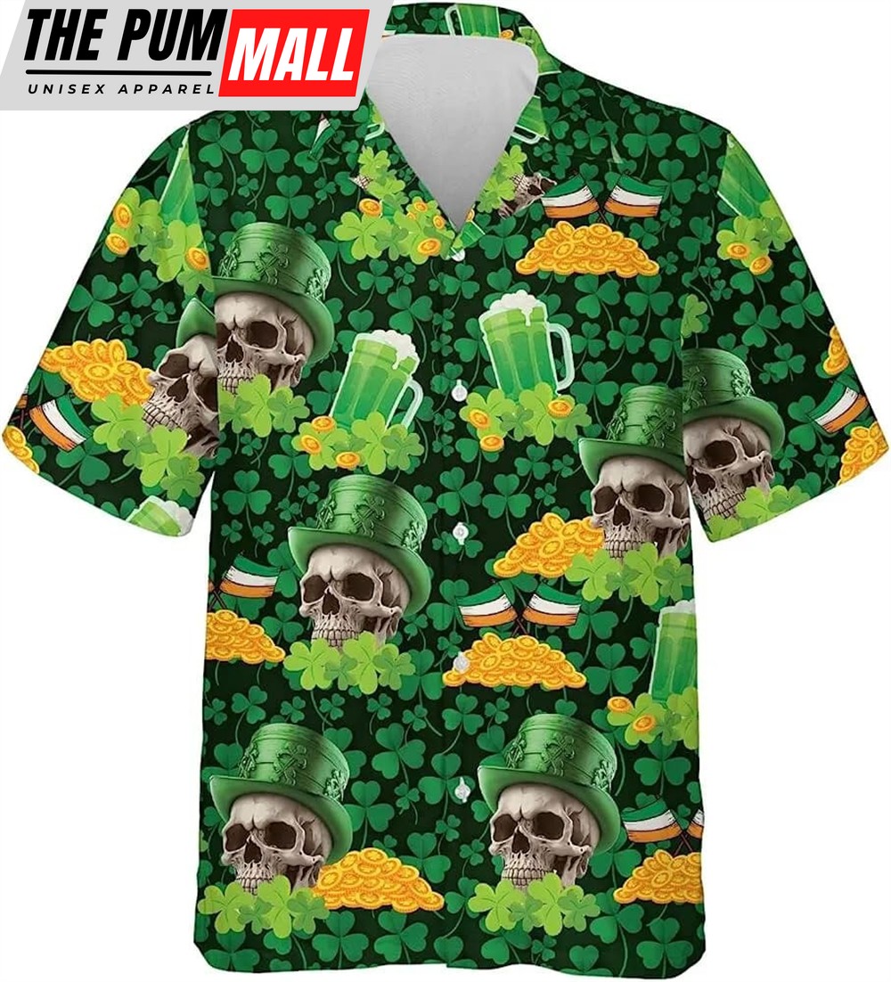 St Patricks Day Hawaiian Shirt, Patrick Skull Clover Hawaiian Shirt For Men, Casual Button Down Shirt, St. Patrick’s Day Shirt