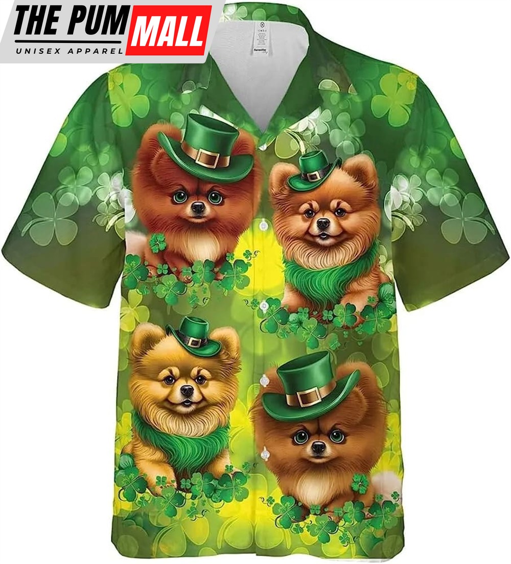 St Patricks Day Hawaiian Shirt, Pomeranian Dog Patrick Day Summer Beach Shirt, Patrick Dog Hawaiian Shirt