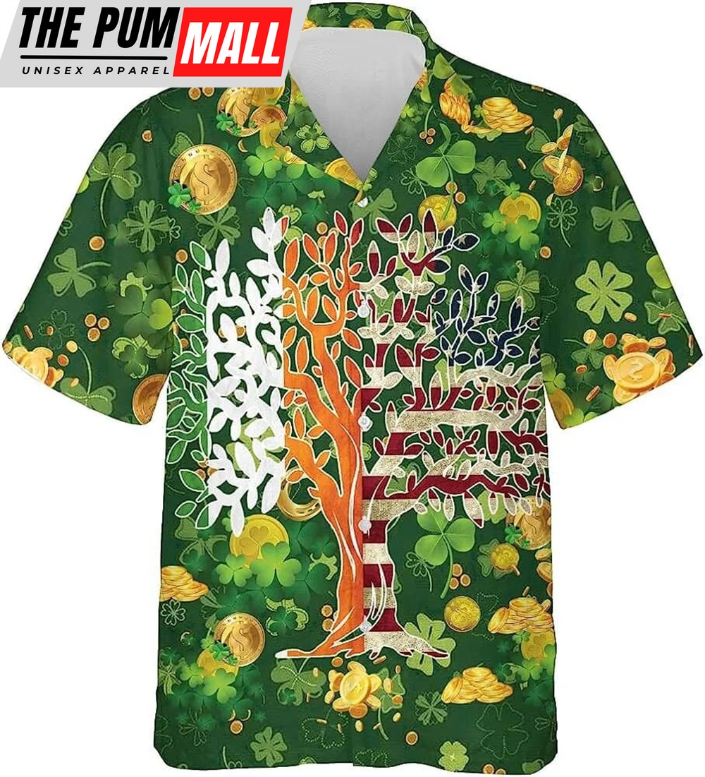 St Patricks Day Hawaiian Shirt, Shamrock Tree Of Life Hawaiian Shirt, Ireland And American Flag Shirt
