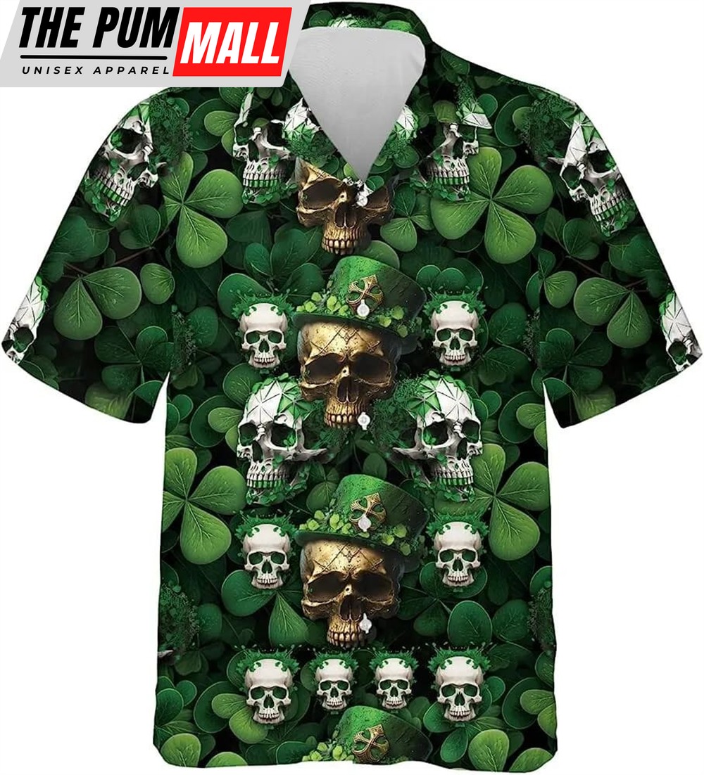 St Patricks Day Hawaiian Shirt, St. Patrick’s Day Skull Summer Men Hawaiian Shirt, Short Sleeve Button Down Shirt, Aloha Beach Shirt