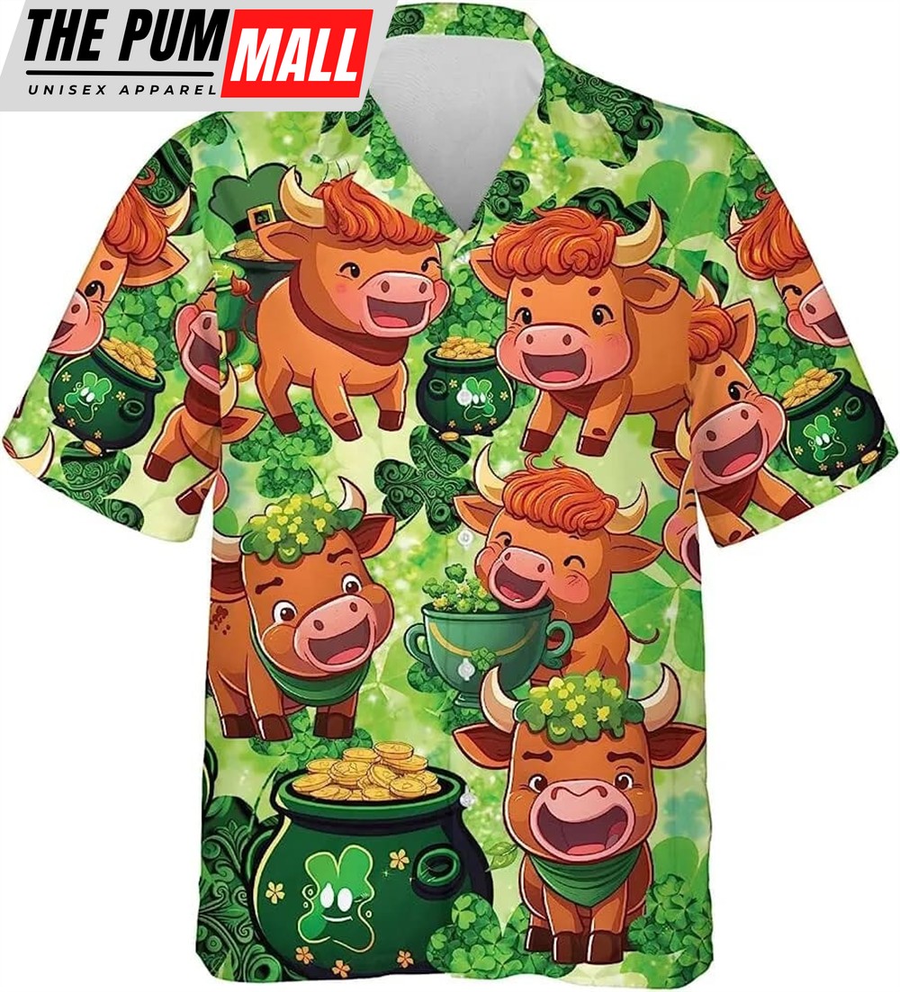 St Patricks Day Hawaiian Shirt, St.patrick’s Day Shamrock And Cow Pattern Aloha Hawaiian Shirt, Casual Printed Beach Summer Shirt