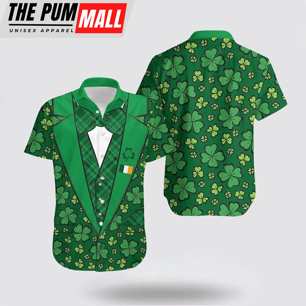 St Patrick’s Day Hawaiian Shirt Suit Four Leaves Clover Style, St Patricks Day Shirts, Shamrock Hawaiian Shirt