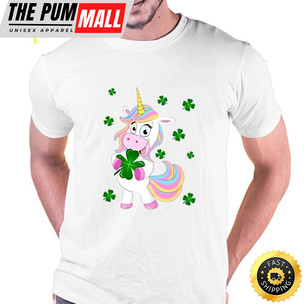 St Patricks Day Lucky Unicorn Holding a Four Leaf Clover T-Shirt