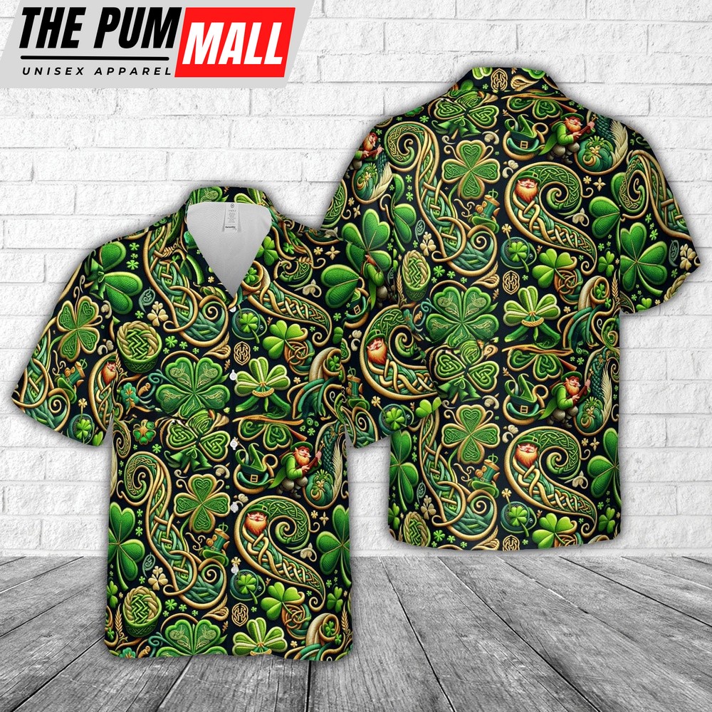 St Patrick’s Day Seamless Embroidery Hawaiian Shirt, Shamrock Hawaiian Shirt