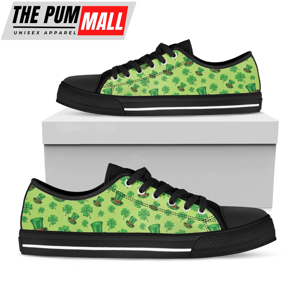 St Patrick’s Day Shoes, Clover And Hat St. Patrick’s Day Print Black Low Top Shoes, St Patrick’s Day Sneakers