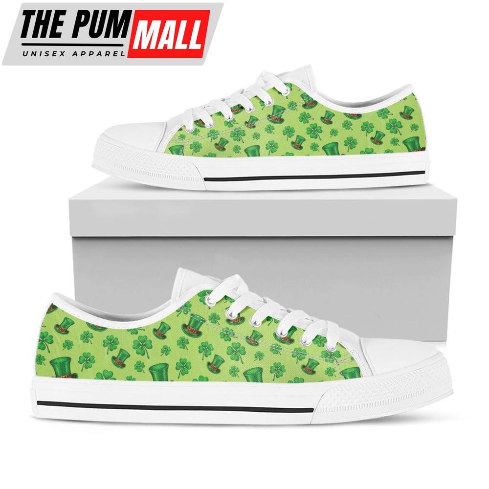 St Patrick’s Day Shoes, Clover And Hat St. Patrick’s Day Print White Low Top Shoes, St Patrick’s Day Sneakers