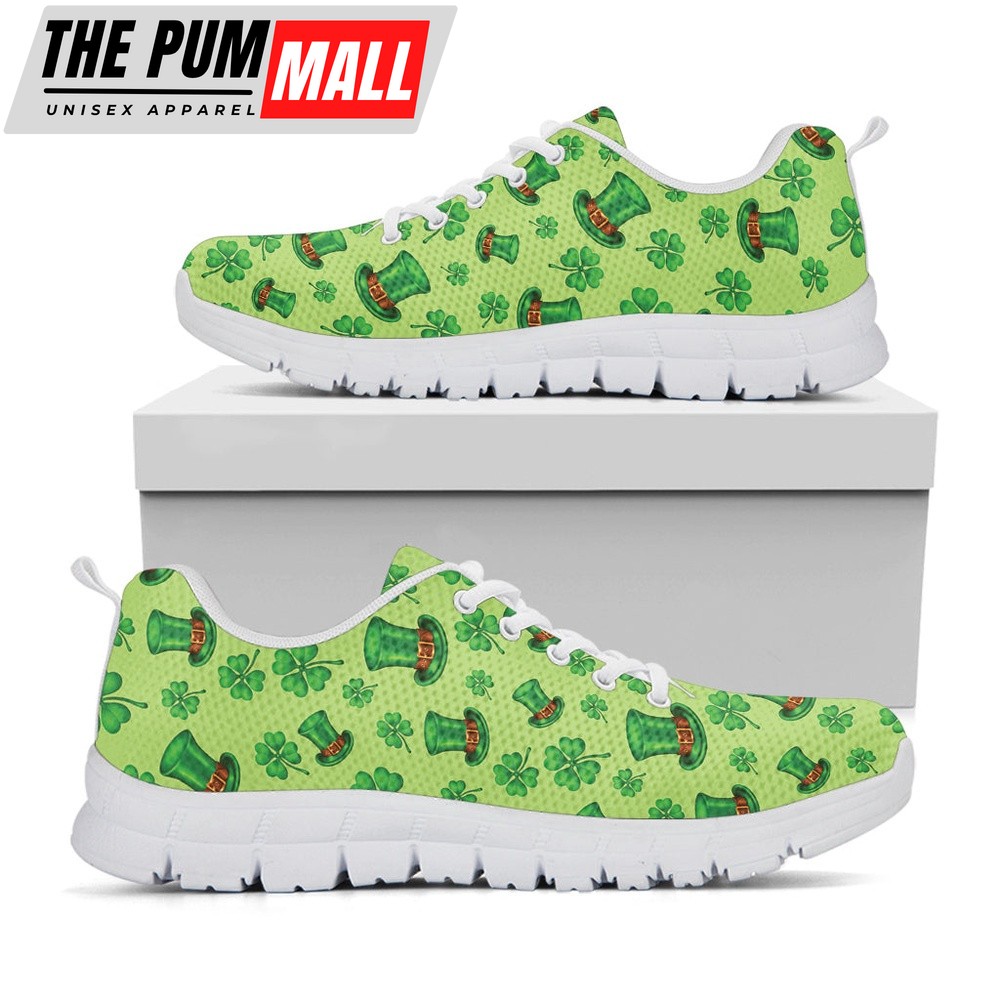 St Patrick’s Day Shoes, Clover And Hat St. Patrick’s Day Print White Running Shoes, St Patrick’s Day Sneakers