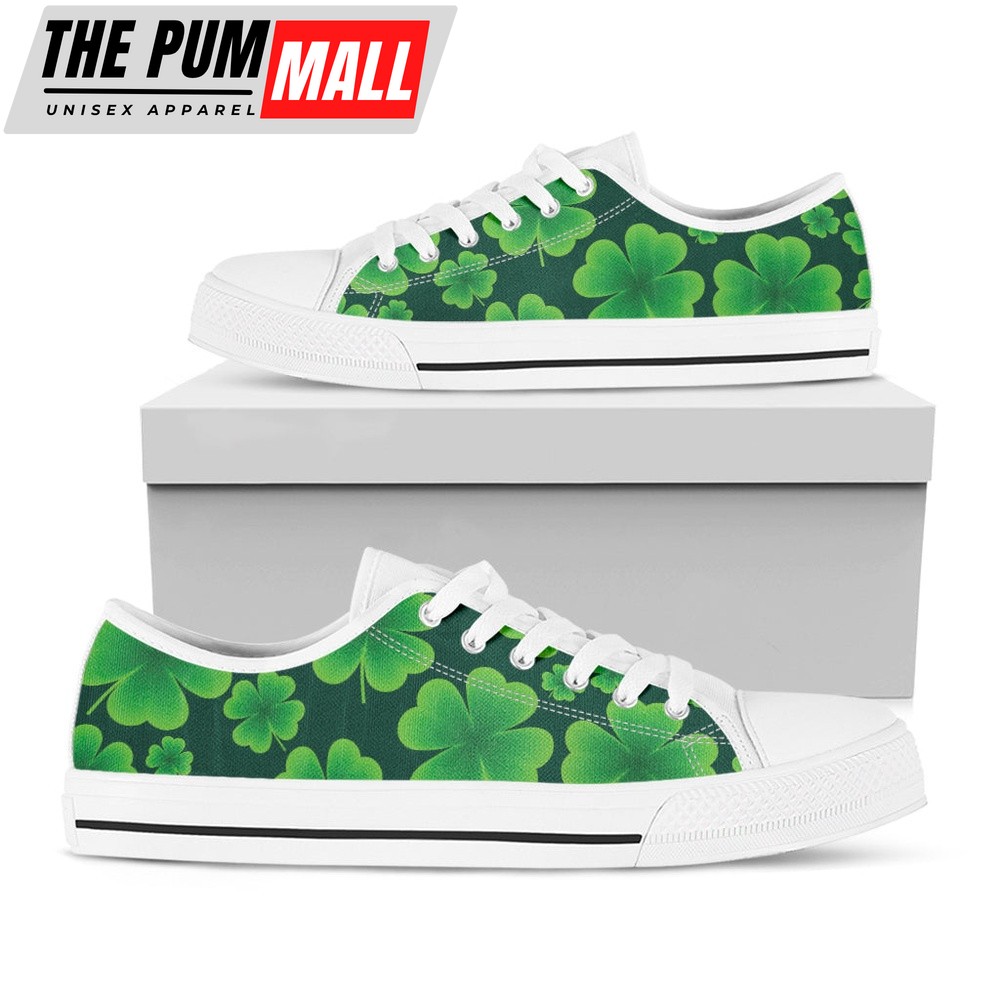St Patrick’s Day Shoes, Four-Leaf Clover St. Patrick’s Day Print White Low Top Shoes, St Patrick’s Day Sneakers