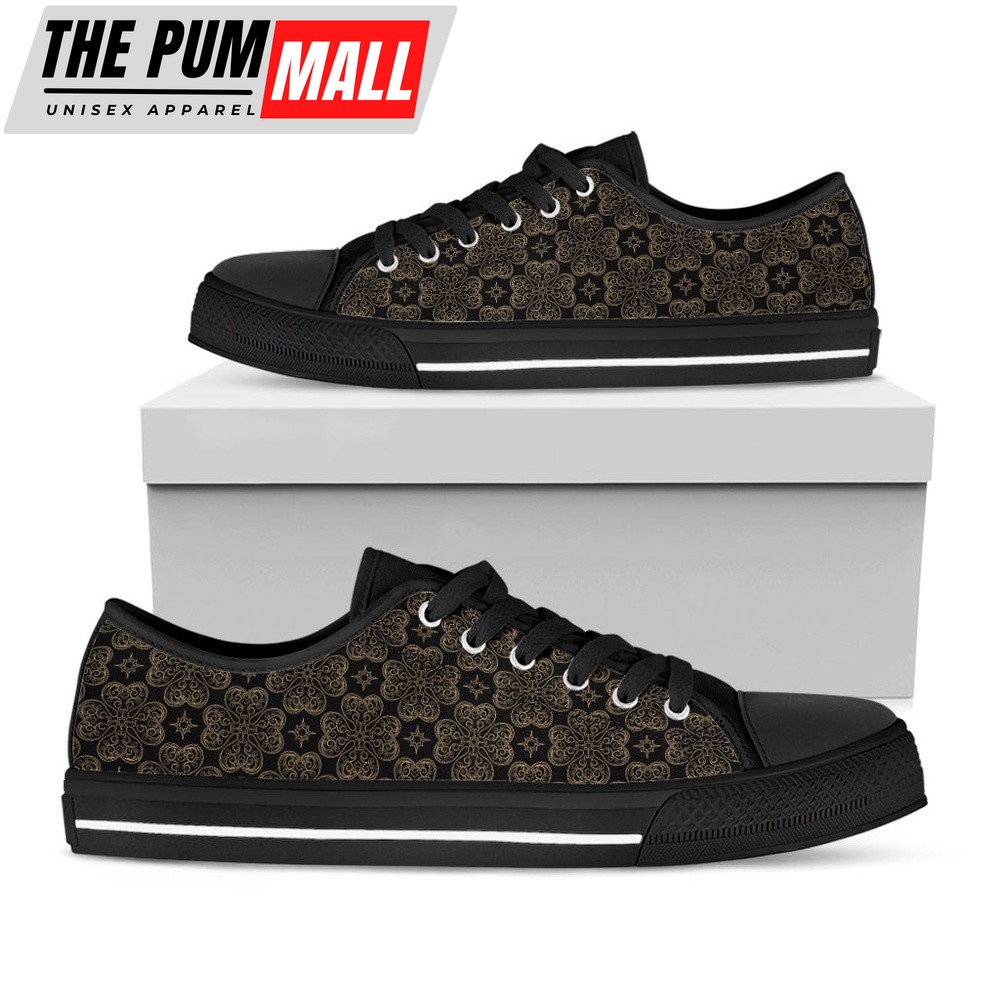 St Patrick’s Day Shoes, Gold Clover St. Patrick’s Day Print Black Low Top Shoes, St Patrick’s Day Sneakers