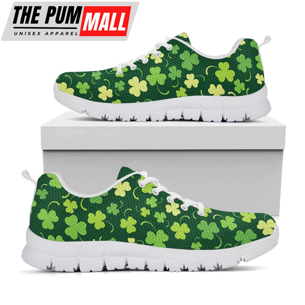 St Patrick’s Day Shoes, Green Clover Saint Patrick’s Day Print White Running Shoes, St Patrick’s Day Sneakers