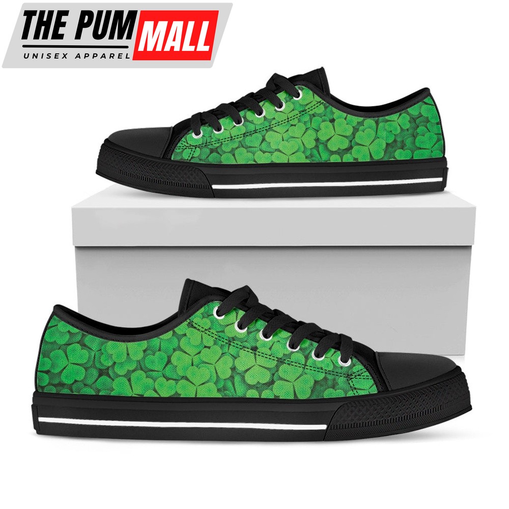 St Patrick’s Day Shoes, Green Clover St. Patrick’s Day Print Black Low Top Shoes, St Patrick’s Day Sneakers